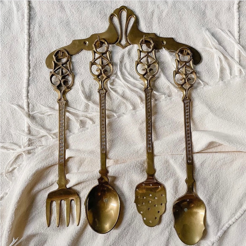 SOLD Vintage brass serving utensils with wall hook